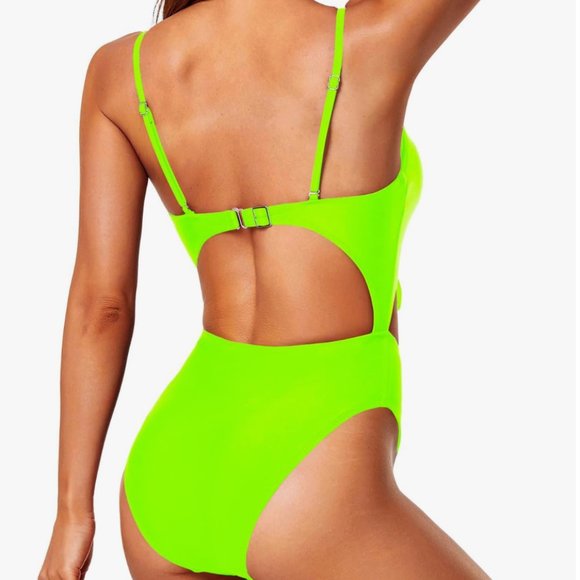 Brand New Neon Lime Green One Piece Cutout Swim Suit - Size Small - Picture 2 of 2